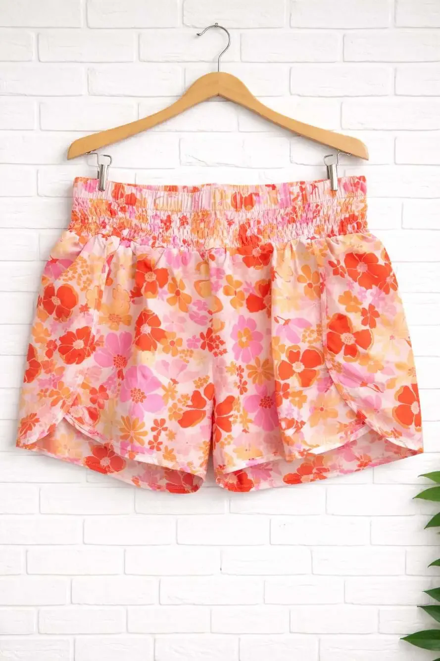 Trendsi Retro Orange and Pink Floral High Waisted Smocked Running Shorts